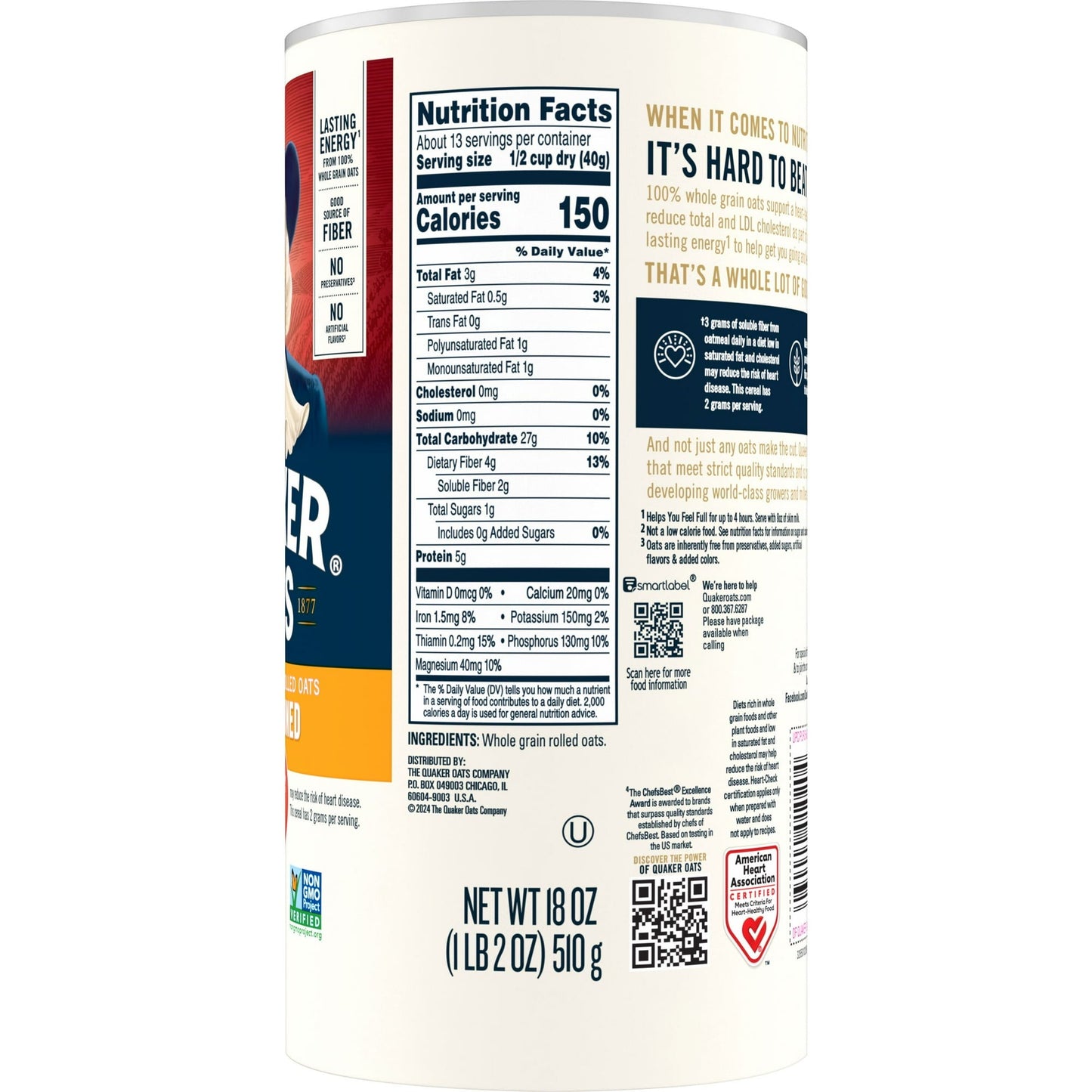 Quaker Oats Old Fashioned 100% Whole Grain Oats 510g