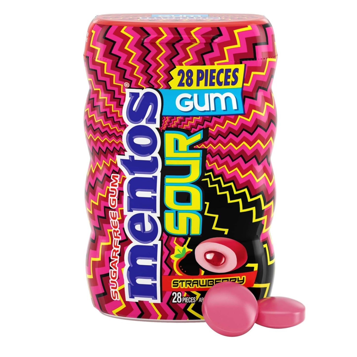 Mentos Sour Strawberry Flavoured Sugar Free Gum Bottle 28 Pcs (Best Before Date End 03/2025)