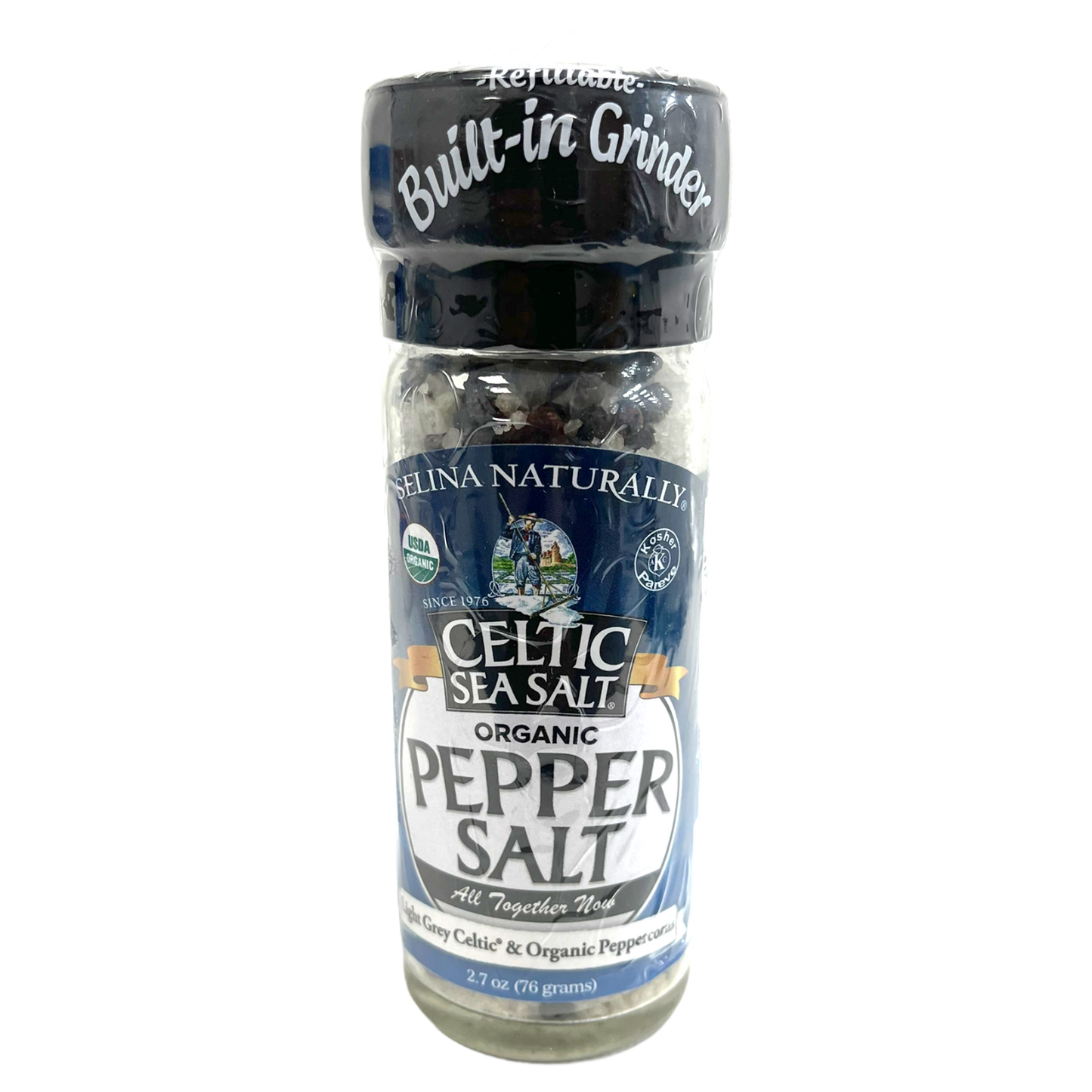 Celtic Sea Salt Organic Pepper Salt Refillable Built-in Grinder 76g sold by American Grocer in the UK
