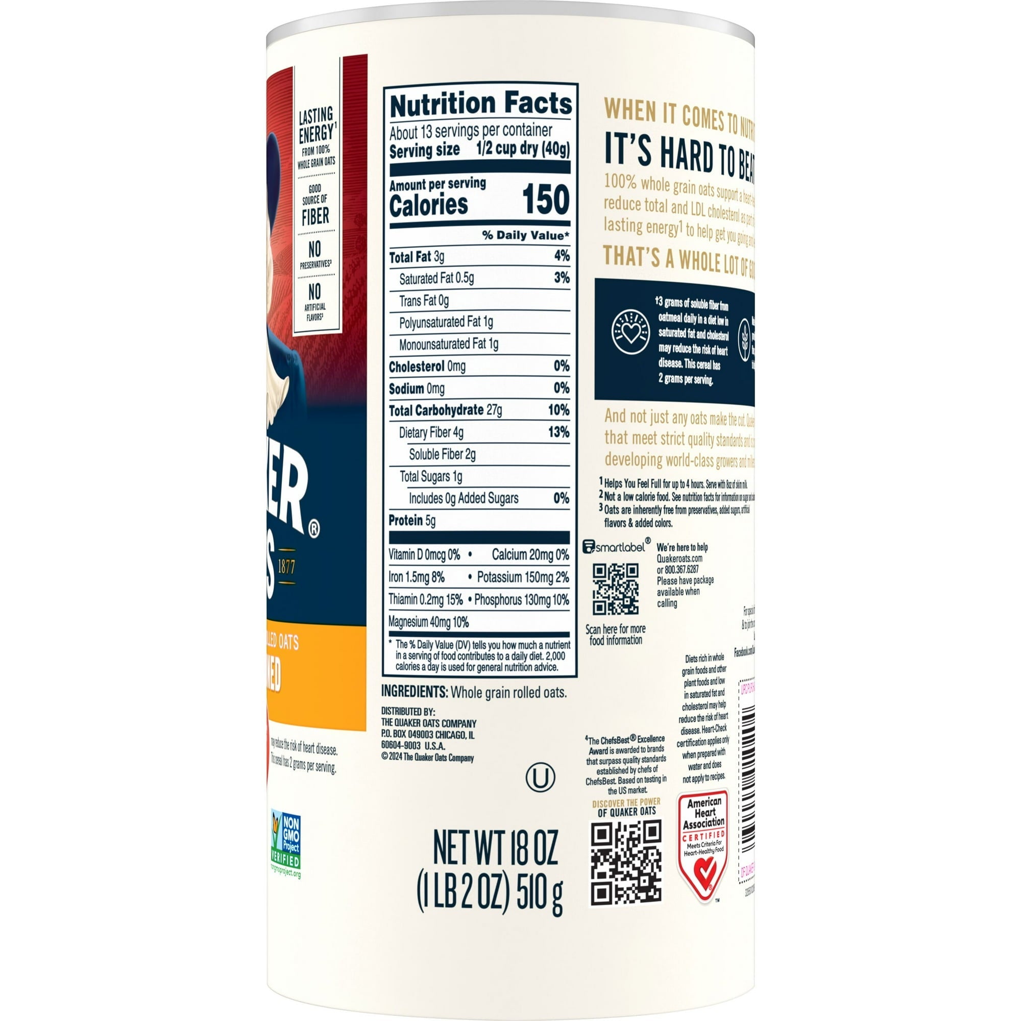 Quaker Oats Old Fashioned 100% Whole Grain Oats 510g