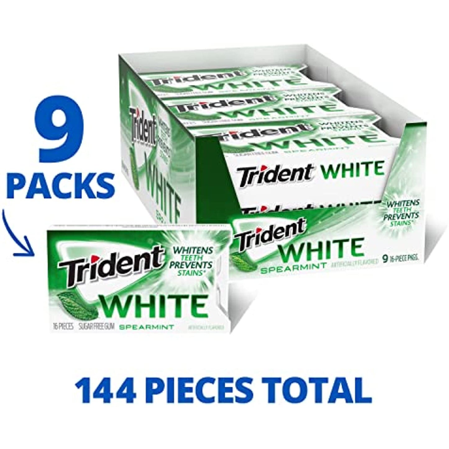 Trident White Spearmint Sugar Free Gum, 16 Count (Pack of 9 )