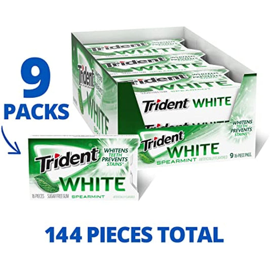 Trident White Spearmint Sugar Free Gum, 16 Count (Pack of 9 )
