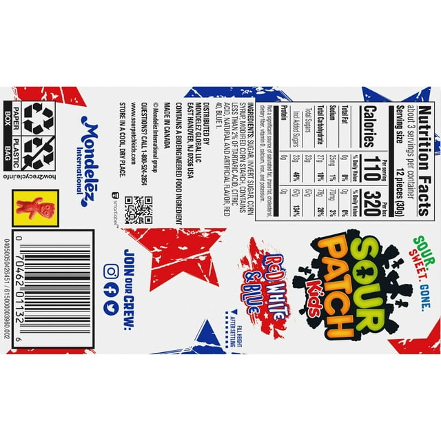 Sour Patch Kids Red White & Blue Soft & Chewy Candy Box (Best Before Date 10 April 2025)