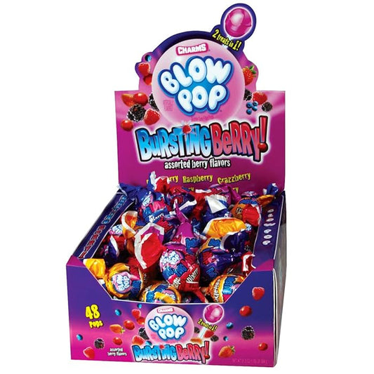 Charms Blow Pops Lollipop 48 Count | Bursting Berry Bubble Gum Filled Flavoured