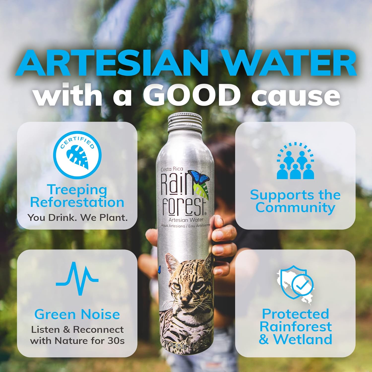 RainForest Artesian Water from Costa Rica. Aluminium Reusable Bottle 750mL