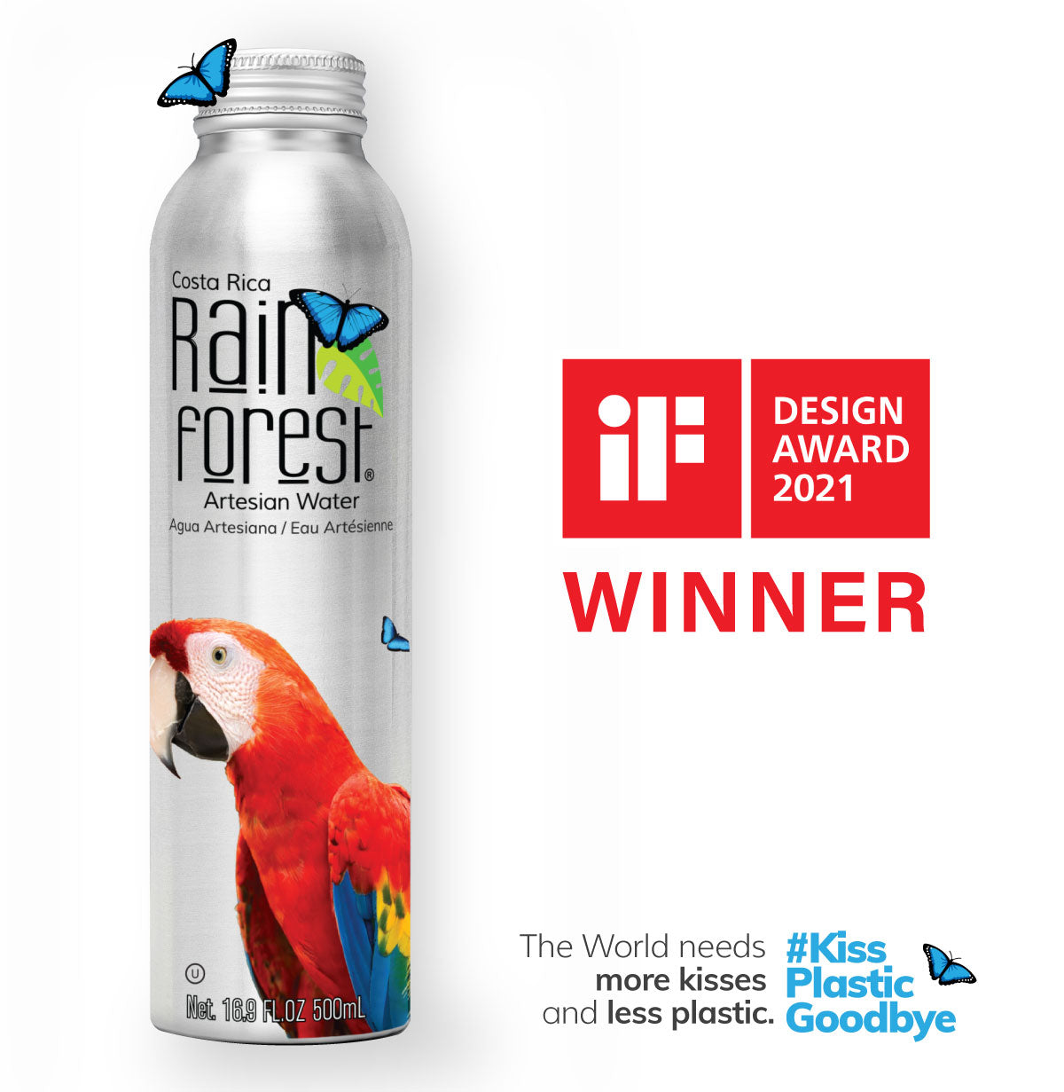 RainForest Artesian Water from Costa Rica, Aluminium Reusable Bottle 500mL
