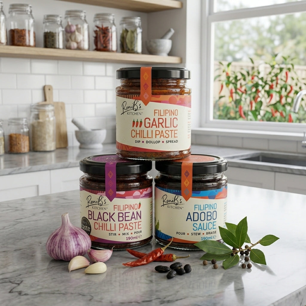 RoniB's Kitchen Filipino Paste & Sauce Variety Pack - 3 Piece Combo Set (Garlic Chilli Paste, Black Bean Chilli Paste, Adobo Sauce 190ml)