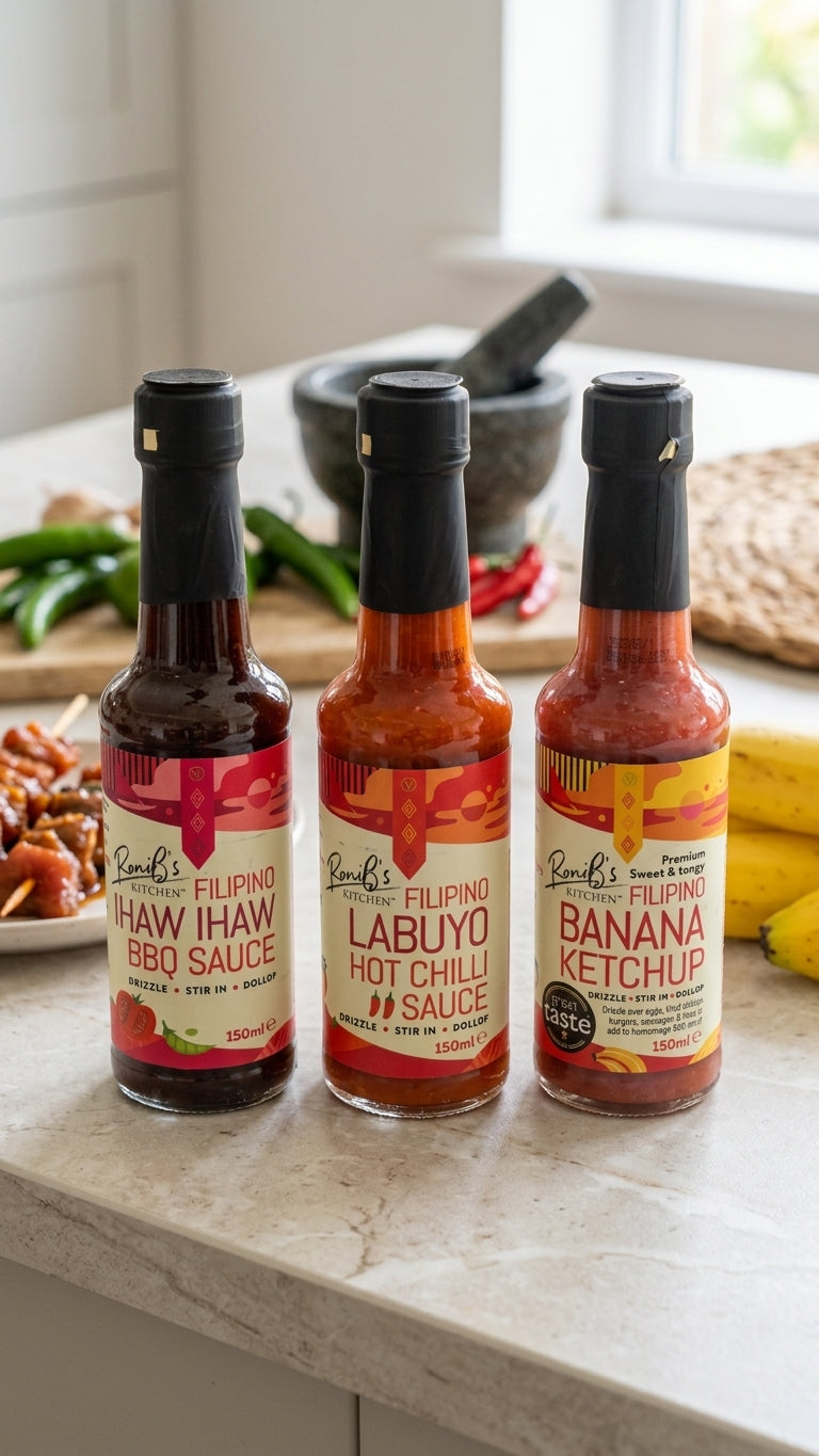 RoniB's Kitchen Filipino Sauce Variety Pack - 3 Flavor Combo Set (Ihaw Ihaw BBQ, Labuyo Hot Chilli, Banana Ketchup)