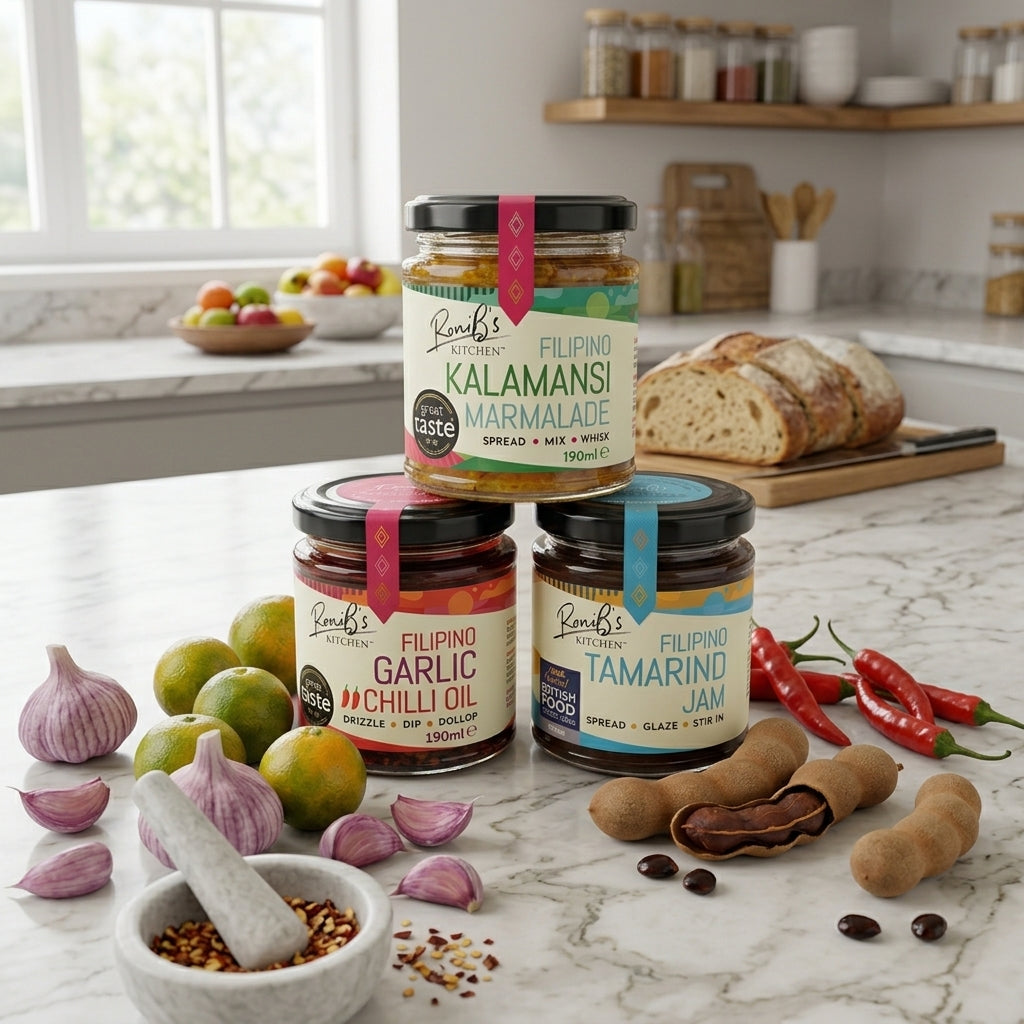 RoniB's Kitchen Filipino Variety Pack - 3 Piece Combo Set (Kalamansi Marmalade, Garlic Chilli Oil, Tamarind Jam 190ml)