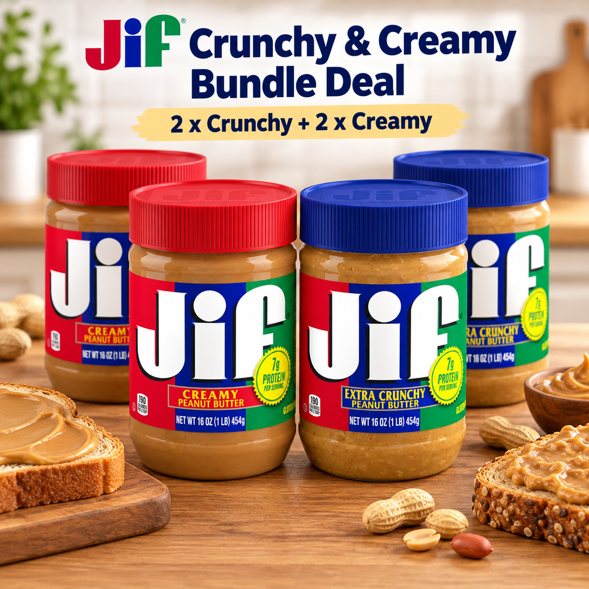 Jif Crunchy & Creamy Bundle Deal | 2 x Crunchy & 2 x Creamy
