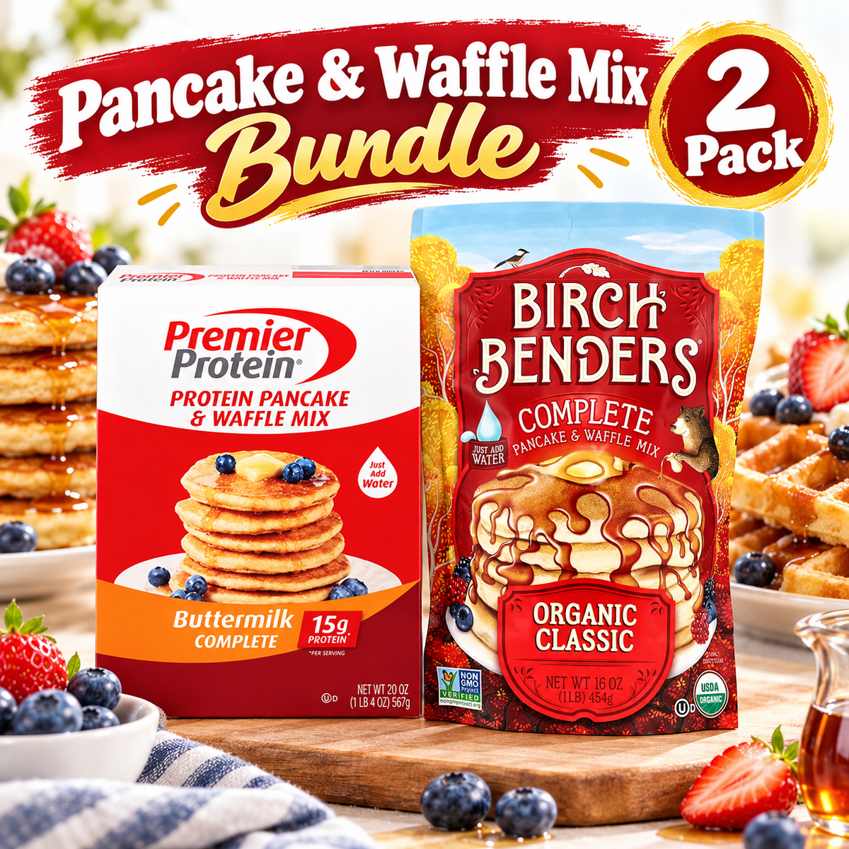 Pancake & Waffle Mix Duo Bundle | 1 x Premier Protein & 1 x Birch Benders Buttermilk Mix