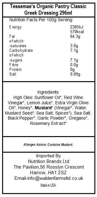 Tessemae's Organic Pantry Classic Greek Dressing 296ml (Best Before Date 01/03/2026)