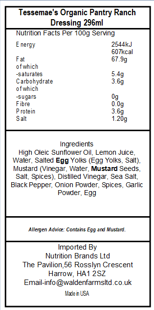 Tessemae's Organic Pantry Ranch Dressing 296ml (Best Before Date 03/03/2026)