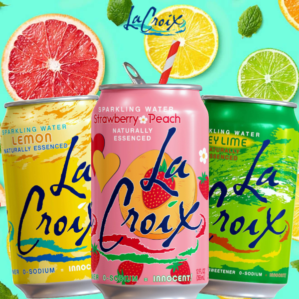 Three LaCroix sparkling water cans with colorful labels on a bright background with fruit slices.