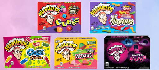 Warheads Theatre box Bundle | ooze chewz 99g | Galactic cubes 99g | Lil Worms 99g | Wedgies 99g | Cubes 99g