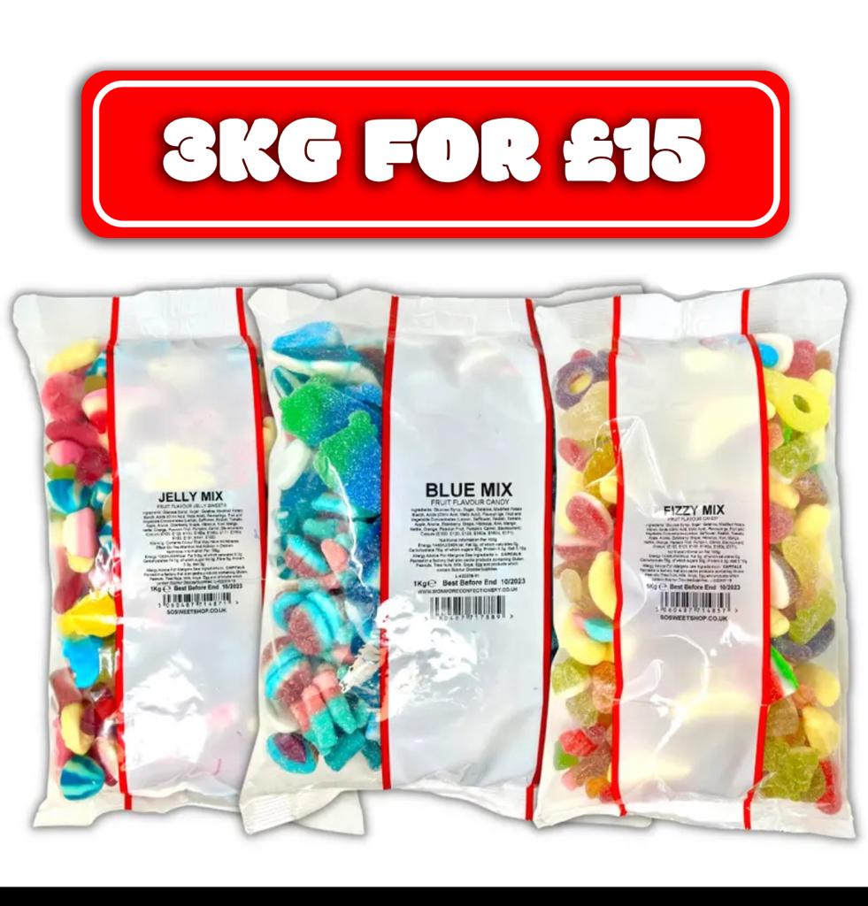 3 for £15 Pick n' Mix Sweets (3 x 1kg) [Fizzy + Jelly + Blue Mix]