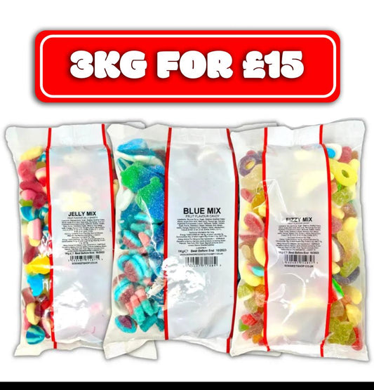 3 for £15 Pick n' Mix Sweets (3 x 1kg) [Fizzy + Jelly + Blue Mix]