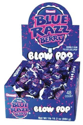 Charms Blow Pops Lollipop 48 Count | Blue Razz Berry Bubble Gum Filled Flavoured
