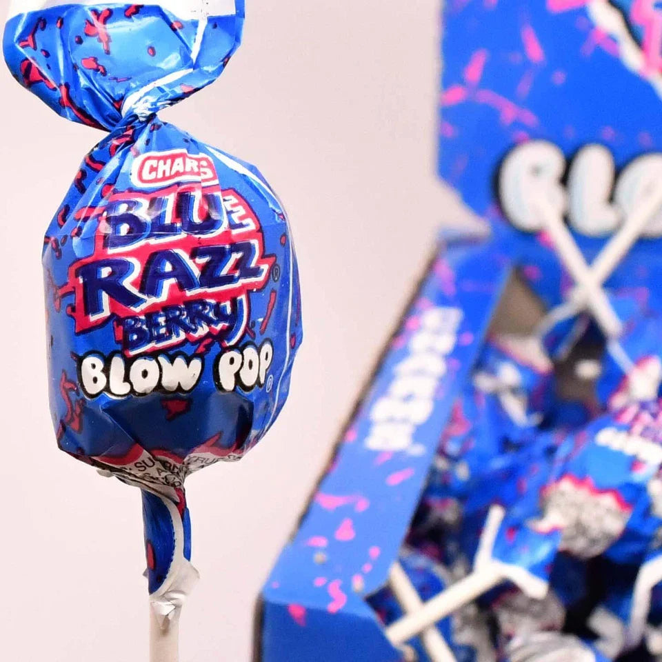 Charms Blow Pops Lollipop 48 Count | Blue Razz Berry Bubble Gum Filled Flavoured