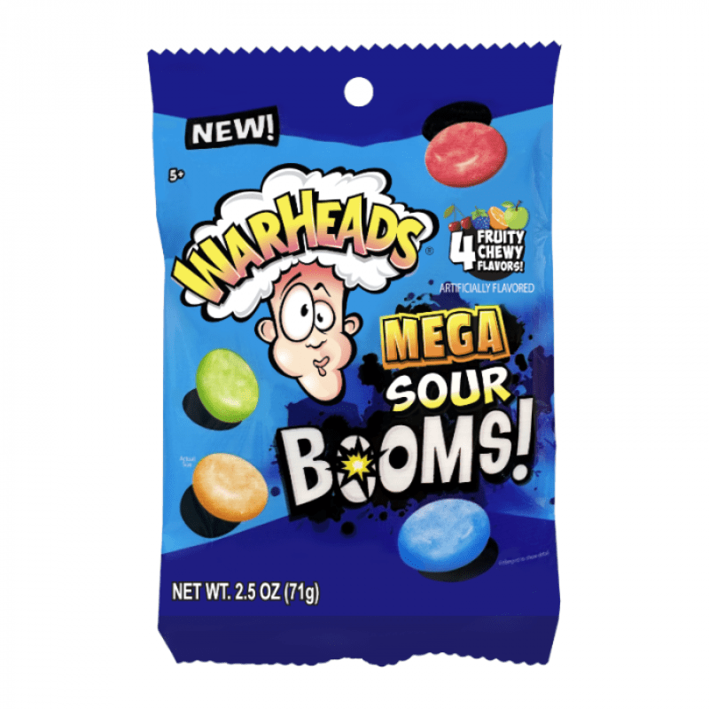 Warheads Mega Sour Booms 4 Fruity Flavours Peg Bags 71g(Best Before Date 18/03/2025)